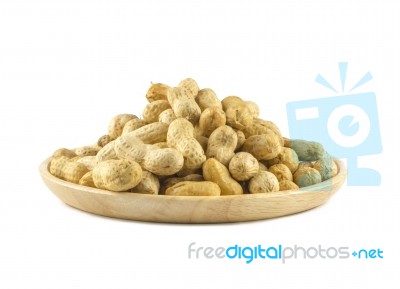 Dried Peanuts In Wood Cup Isolated On White Background Stock Photo