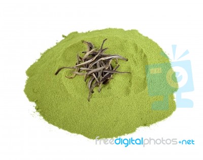 Dried Tea Leaf And Powder Isolated On White Background Stock Photo