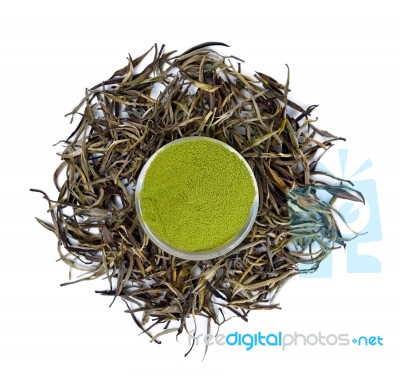 Dried Tea Leaf And Powder With Bowl Isolated On White Stock Photo