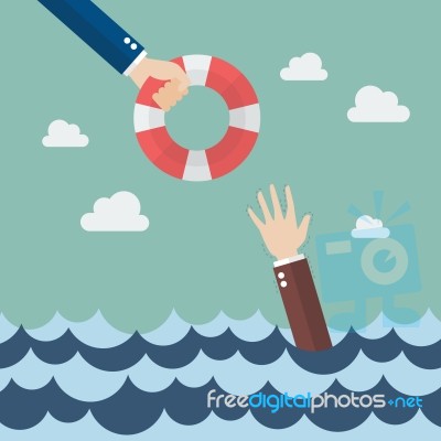 Drowning Businessman Getting Lifebuoy From Other Businessman Stock Image