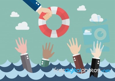 Drowning Businessmen Getting Only One Lifebuoy Stock Image