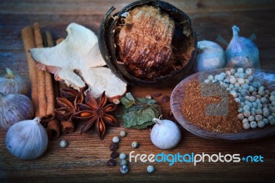 Dry Asia Spice Herb Vegetable On Wood Stock Photo