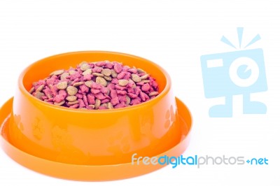 Dry Cat Food In Orange Bowl Isolated On White Background Stock Photo