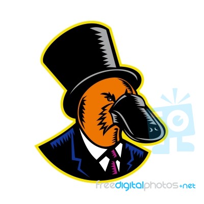 Duck-billed Platypus Tophat Woodcut Color Stock Image