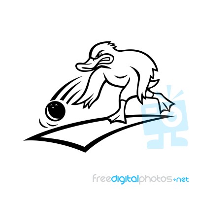 Duck Bowler Bowling Ball Cartoon Black And White Stock Image