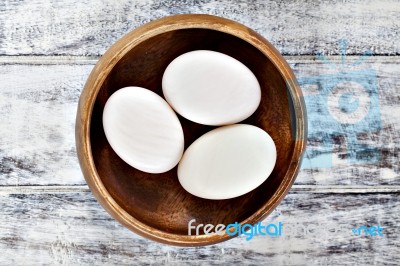 Duck Eggs In Brown Wooden Bowl Stock Photo