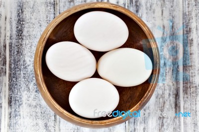 Duck Eggs In Brown Wooden Bowl Stock Photo