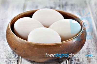 Duck Eggs In Brown Wooden Bowl Stock Photo