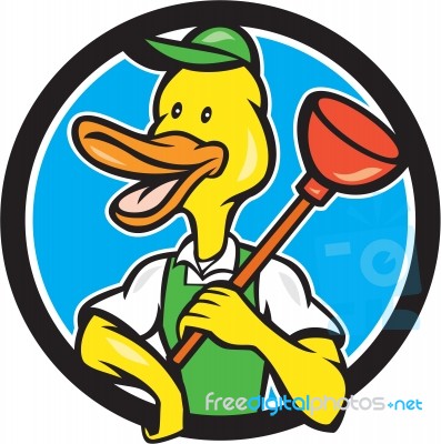 Duck Plumber Holding Plunger Circle Cartoon Stock Image