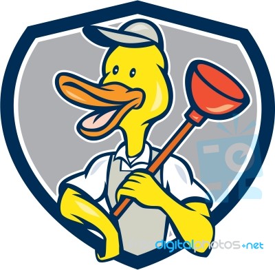 Duck Plumber Holding Plunger Shield Cartoon Stock Image