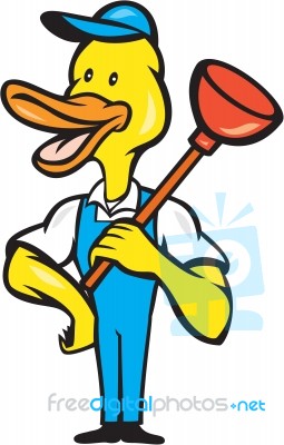 Duck Plumber Plunger Standing Cartoon Stock Image