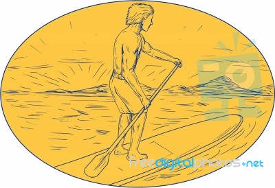 Dude Stand Up Paddle Board Oval Drawing Stock Image