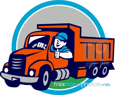 Dump Truck Driver Thumbs Up Circle Cartoon Stock Image