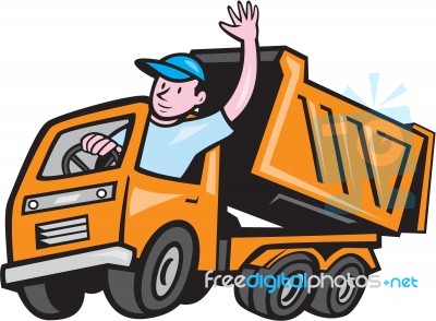 Dump Truck Driver Waving Cartoon Stock Image