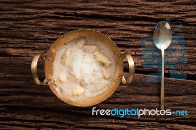 Durian Coconut Milk Sticky Rice Still Life On Wooden Background Stock Photo