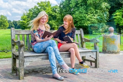 Dutch Girls Sitting On Wooden Bench In Park Reading Books Stock Photo