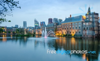 Dutch Parliament Buildings Binnenhof With Skyscrapers In The Bac… Stock Photo