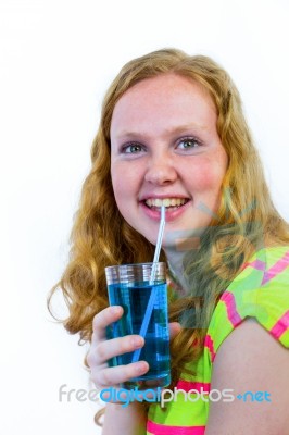 Dutch Teenage Girl Drinks Blue Soft Drink Stock Photo