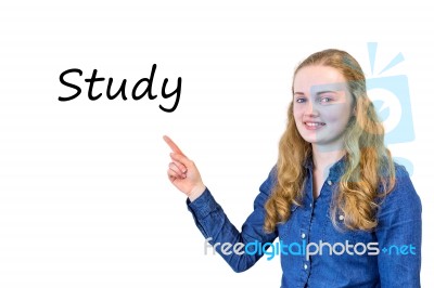Dutch Teenage Girl Pointing At Word Study On White Board Stock Photo