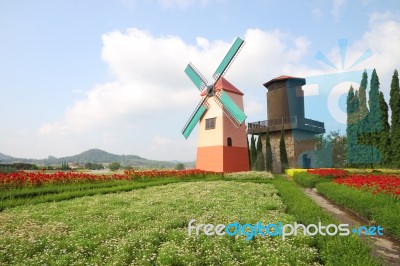 Dutch Windmill And Water Tank On Little Flower Garden Stock Photo