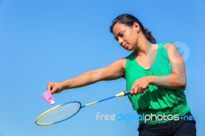 Dutch Woman Serve With Badminton Racket And Shuttle Stock Photo