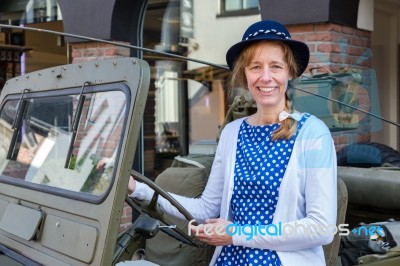 Dutch Woman Steering Military Jeep Stock Photo