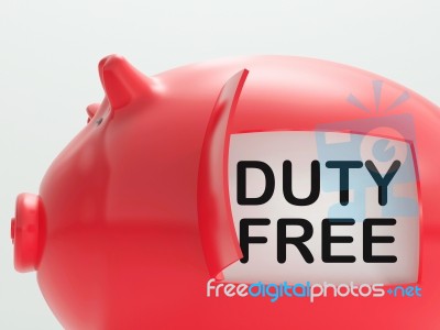 Duty Free Piggy Bank Means No Tax On Products Stock Image