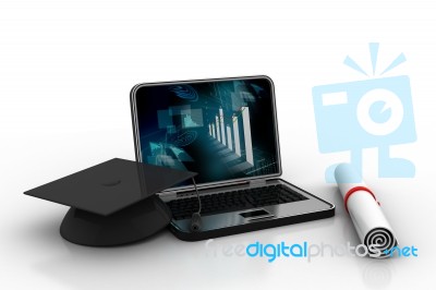 E-learning Graduation. Laptop, Diploma And Mortar Board Stock Image