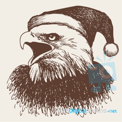 Eagle Bird With Christmas Hat, Doodle Hand Stock Image