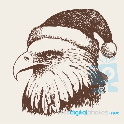 Eagle Bird With Christmas Hat, Doodle Hand Stock Image