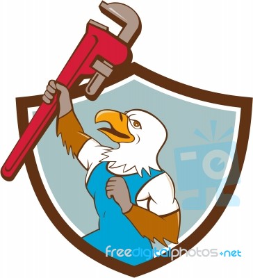 Eagle Plumber Raising Up Pipe Wrench Crest Cartoon Stock Image