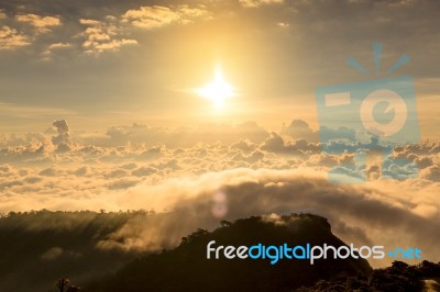 Early Morning Foggy  Sunrise On  Top Of Mountain Soft Focus Grai… Stock Photo