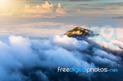 Early Morning Foggy  Sunrise On  Top Of Mountain Soft Focus Grai… Stock Photo