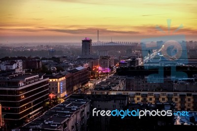 Early Morning View Over The Skyline In Warsaw Stock Photo