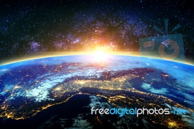 Earth And Galaxy. Elements Of This Image Furnished By Nasa Stock Photo