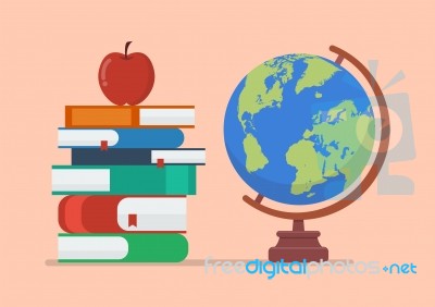 Earth Globe Model With Books And Apple Stock Image