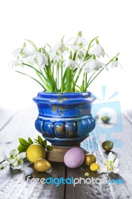 Easter Background With Eggs And Spring Flowers Stock Photo