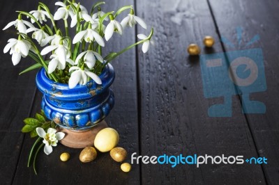 Easter Background With Eggs And Spring Flowers Stock Photo