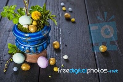 Easter Background With Eggs And Spring Flowers Stock Photo