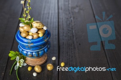 Easter Background With Eggs And Spring Flowers Stock Photo