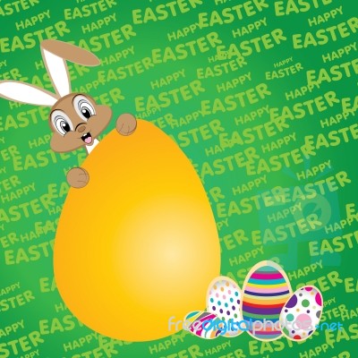 Easter Bunny With Big Egg On A Green Background. Happy Easter Day For Colorful Egg Stock Image