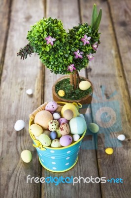 Easter Decorations On Rustic Wooden Background Stock Photo