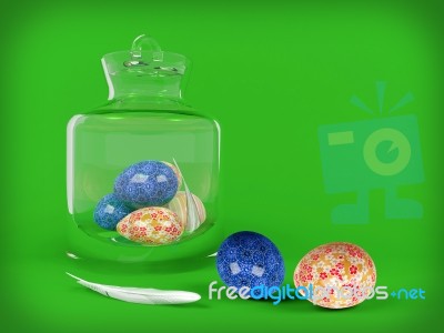 Easter Egg In Glass Jar On Green Background Stock Image