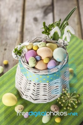 Easter Eggs In The White Basket Stock Photo