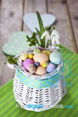 Easter Eggs In The White Basket Stock Photo