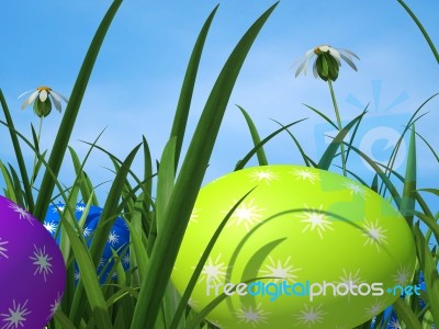 Easter Eggs Means Green Grass And Environment Stock Image