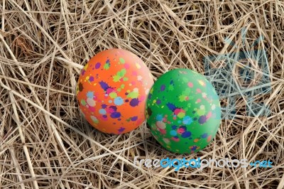 Easter Eggs On Straw Stock Photo