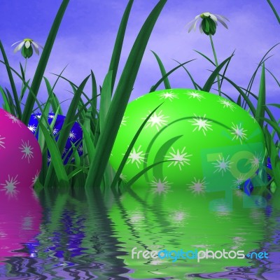 Easter Eggs Represents Green Grass And Environment Stock Image