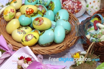 Easter Nest With Colored Wooden Eggs Stock Photo