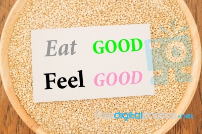 Eat Good Feel Good Quote On Quinoa And Business Card Stock Image